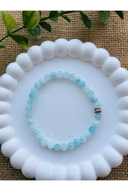 Both Bracelet and Prayer Beads, 33 Pieces, 6 mm Aquamarine Natural Stone with Flexible String.