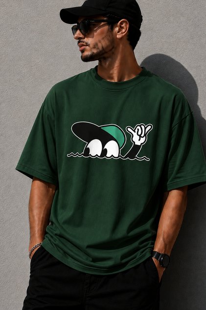 Character with Hat Printed Crew Neck Casual Unisex Oversize T-Shirt - Cartoon Themed Cotton T-Shirt