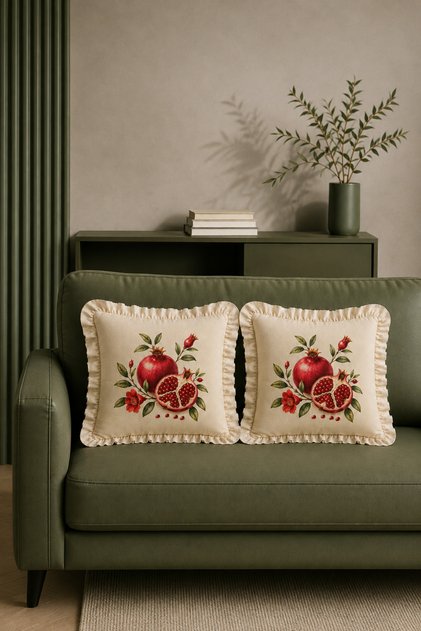 Pack of 2 Ruffled Abundance Pomegranate Patterned Throw Pillow Covers 100% Cotton Organic Printed Decorative Pillowcases 45X45 cm