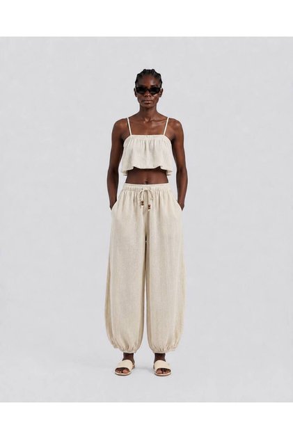 Women's Beige Linen Look Shalwar Trousers with Pockets