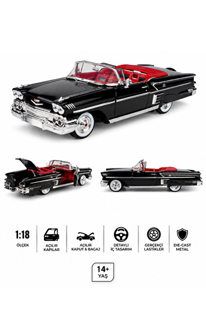 craftivio 1:18 1958 Chevy Impala Siyah Diecast Model Klasik Araba