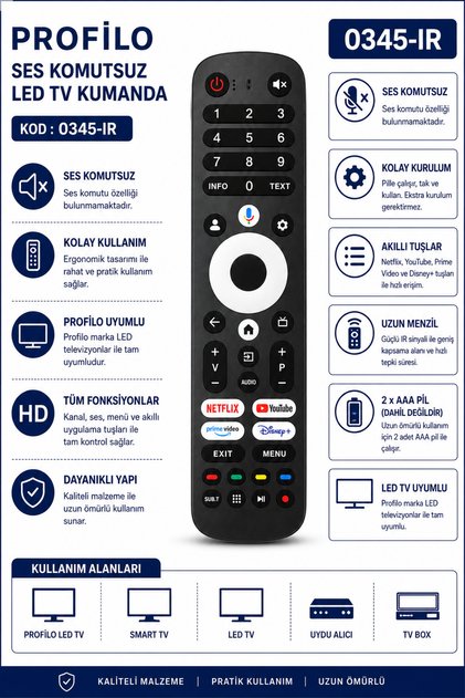 Profilo 0345-IR LED TV Kumandası – Netflix YouTube Prime Video Disney+ Tuşlu Ses Komutsuz Akıllı Kumanda