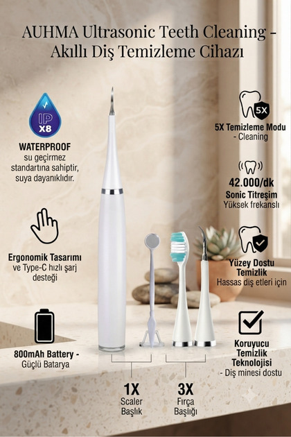 Diş Temizleme Cihazı Ultrasonik Sonic Diş Fırçası AUHMA SmilePro 42000/dk 5 Mod IPX8 3 Fırça + Scaler Başlık