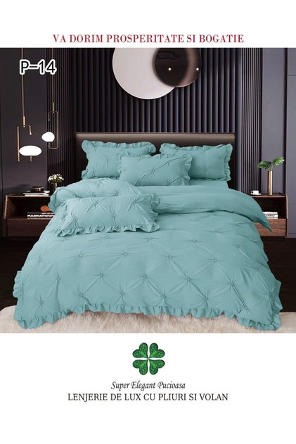 Set Lenjerie de Pat Elegantă cu Pliuri și Volănașe, 4 Piese, 230 × 250 cm