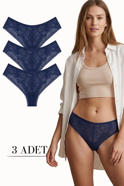 Women's Lace Front and Back Brazilian Panties Lycra Navy Blue 3-Pack