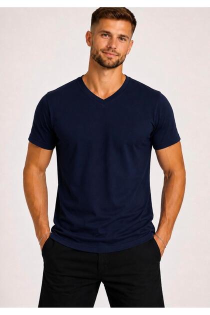 Men's Dark Navy Blue Cotton V-Neck Short Sleeve T-Shirt-D804