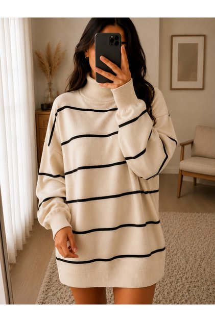 Women's Half-Throat Striped Knitwear Sweater Oversize Loose Design