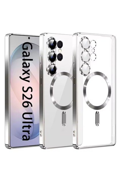 Galaxy S24 Ultra Silver Luxury Transparent Plating Magnetic Wireless Charge Case for Samsung Galaxy