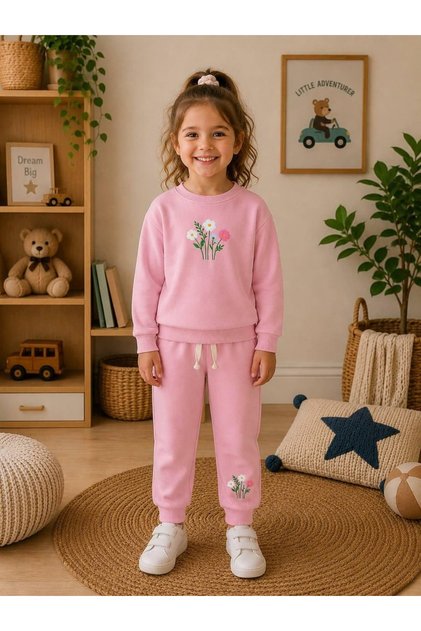 Girls' Flower Printed 2-Ply Cotton 1-4 Years Old Top and Bottom 2-Piece Set