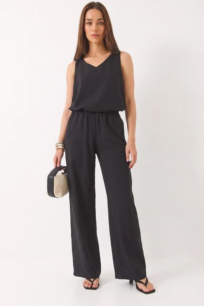 Women's V-Neck Strap Blouse with Palazzo Pants Black Bottom-Top Set