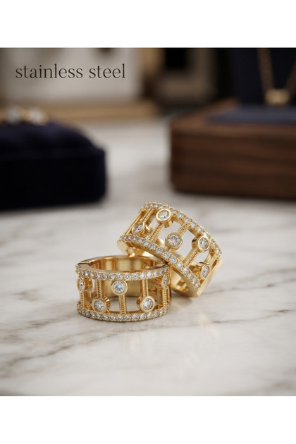 Gold Color Zircon Stone Fence Ring Model Steel Earrings