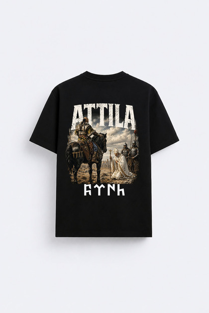 Eski Hun Kralı Attila Göktürkçe Türk Baskılı Bisiklet Yaka Siyah Tişört T-shirt
