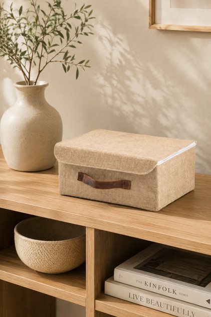 Jute Organizer Basket with Lid L Size 35X26X15 cm Shelf Inside the Cabinet Bathroom and Accessory Storage Box