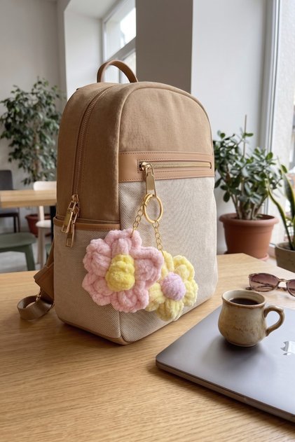 Set of 2 Hand Knitted Fluffy Flower Bag Ornaments and Keychains - Macrame Charm