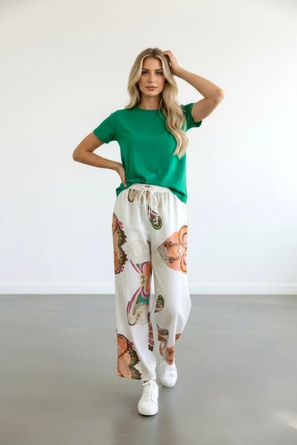 Women's Summer Viscose Palazzo Trousers Cream Green Orange Patterned Glitter Embroidered Elastic Waist Wide Leg