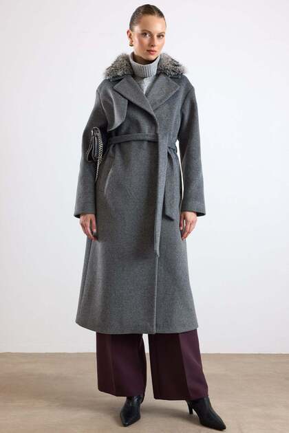 Oversize Detachable Fur Low-Sleeve Coat Dark Gray 3178