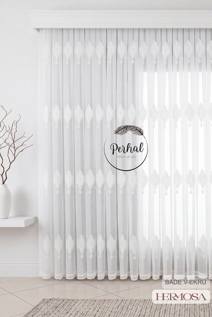 1-3 Regular Pleated Ecru Vertical Embroidered Bade Ecru Tulle Curtain