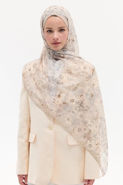 Crispy Floral Pattern Soft Cotton Shawl - Beige