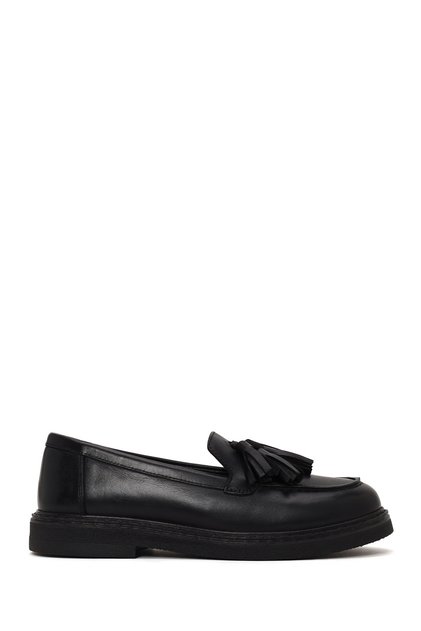 Women's Black Thick-Soled Tasseled Leather Loafer Af450009Dv