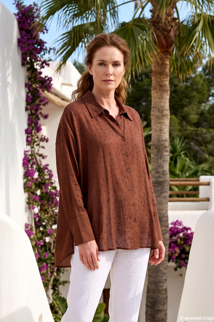 Merwish Stone Detail Cotton Shirt 1653 Brown