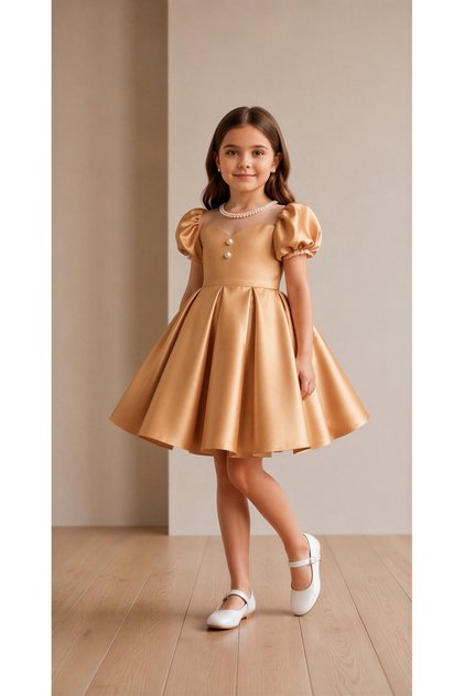 Rochie de seară pentru fete, cu design special, cu mâneci scurte, maro deschis, cu mâneci bufante și detalii cu perle