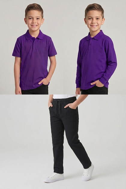 Boys' School Purple Long and Short Sleeve Polo Collar T-Shirt Black Ribbed Waist Pants 3-Piece Top and Bottom Set