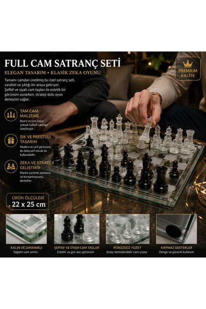 Özel Hediyelik Cam Satranç Takımı, Şeffaf ve Siyah Buzlu Cam Taşlı Dekoratif Zeka Oyunu