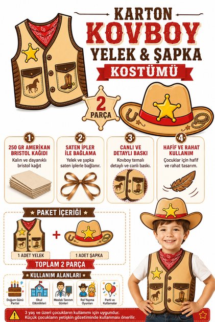 Children's Cowboy Costume 2-Piece Cardboard Vest and Hat – Western Kids Costume with Drawstring Tie School Show Party