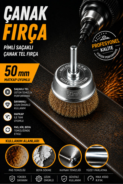 50 mm Pimli Saçaklı Çanak Tel Fırça – Matkap Uyumlu Pas Boya Oksit Temizleme Fırçası