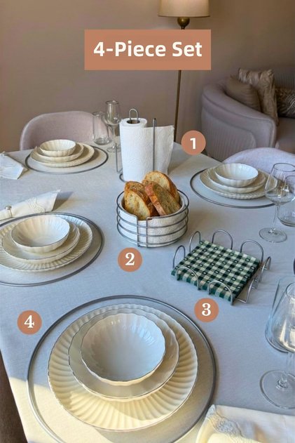 Set of 4 Matte Silver Square Napkin Holders, Vertical Paper Towel Holders, Supla Round Bread Basket with Divider