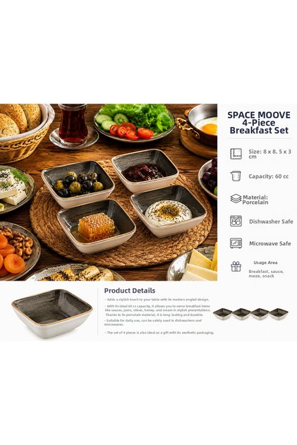 Space Moove 4-Piece Porcelain Breakfast Set Square Bowl, Jam Bowl, Sauce Bowl, Mezelik