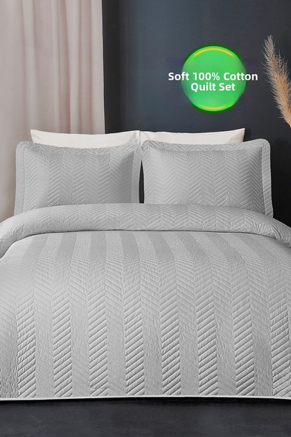 Ross 100% Cotton Bedspread (Pique) Set Double Quilted Striped Daily Washable Gray