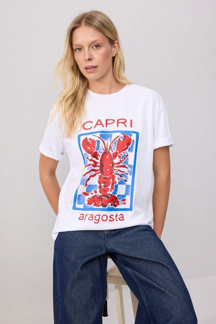 White 100% Cotton Lobster Printed Crew Neck Oversize Knitted T-Shirt Twoss26Ts00351