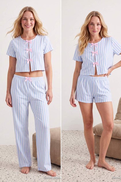 Açık Mavi 3'lü Çizgili Kurdele Detaylı Örme Pijama Takımı THMSS26PT00068