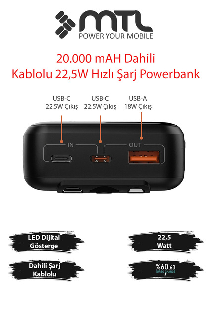 MTL 20000 mAh 22.5W Turbo Şarj Dahili Kablolu Dijital Led