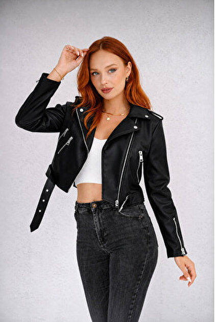 Sense Pocket Detail Zippered Cropped Leather Jacket | Ckt36473