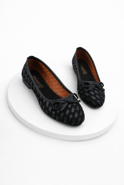 Women's Black Suede and Leather Knitted Patterned Round Toe Bow Detailed Flat Sole Daily Ballerinas