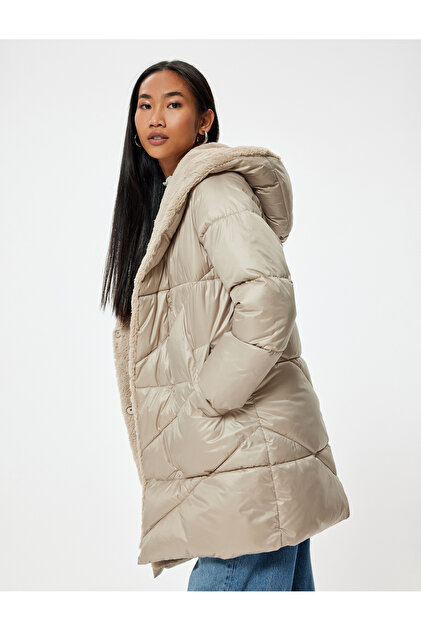 Long Inflatable Coat Faux Fur Collar Quilted Pocket Comfortable Fit