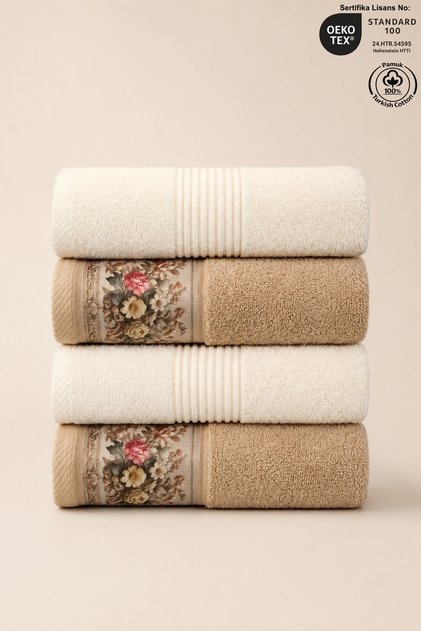 4-Piece Fiore Hand and Face Towel Set 100% Cotton Certified | Striped Cream and Floral Beige Towel Set