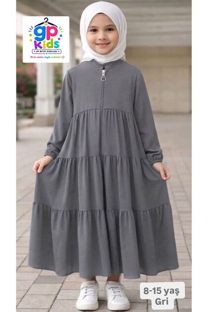 Ki̇ds 3-Layer Gathered Children's Robe – Comfortable Cut Hijab Children's Dress Gray