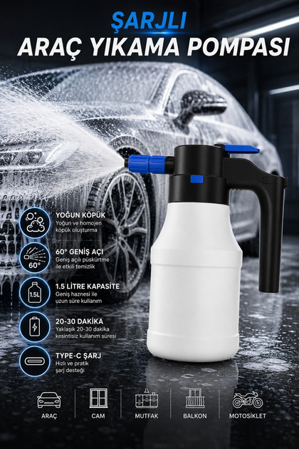 Şarjlı Araç Yıkama Köpük Püskürtücü 1.5L Elektrikli Otomatik 60° Açılı Oto Köpük Pompası