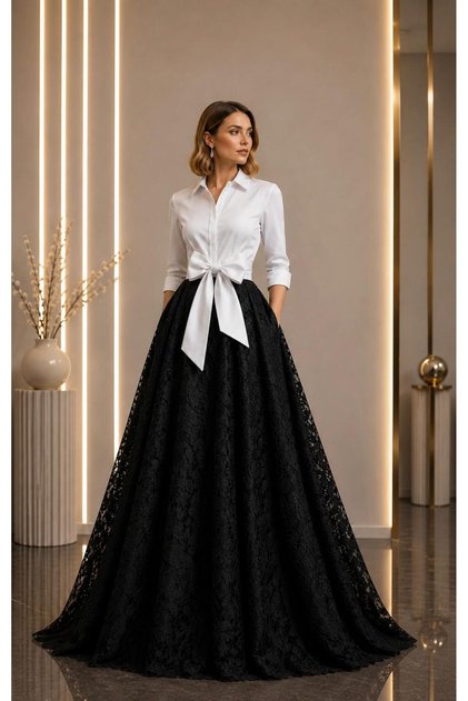 Maxi Skirt with Lace Detail and Stylish Belted Shirt Dress Cou-86