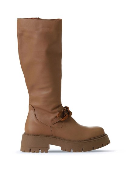 Tan Light Leather Women's Flat Boots 01Wv3119
