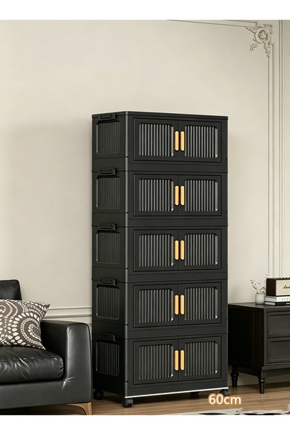 60cm Wide 5-Tier Black Movable Storage Cabinet with Solid Doors & Magnetic Closure with Side Clips & Wheels, Multi-Layer Dustproof Organizer Unit