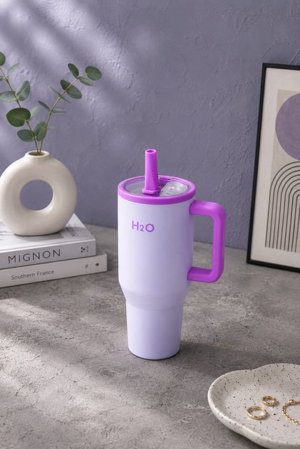 Termos Kupa Bardak Pipetli Paslanmaz Çelik 900 ml | Mor