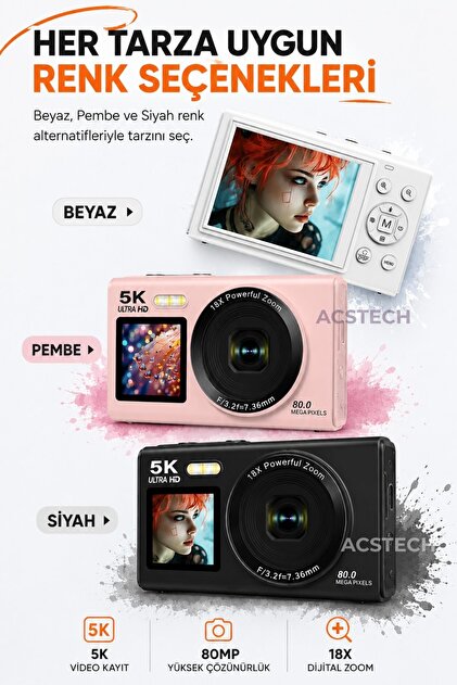 ACSTECH 5K Çift Ekranlı Dijital Fotoğraf Makinesi | 80MP | 18X
