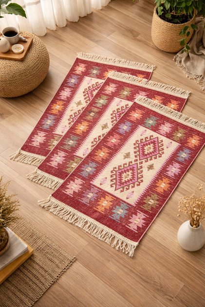 Set de 3 covoare tradiționale țesute, față-verso, 60x90 cm, rosu