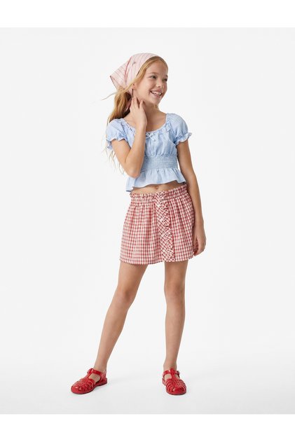 A-Line Skirt with Cotton Buttons and Gingham Layers