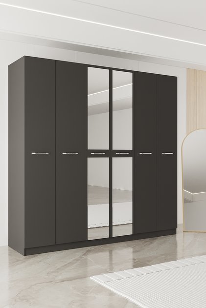AE-2191 Hisar Antrasit/Antrasit Aynalı 6 Kapaklı Çok Bölmeli Askılı ve Raflı Geniş Hacimli Gardırop 210x210 cm