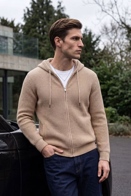 Men's Hooded Zippered Knitwear Beige Cardigan Thessaloniki Knitted Pocketed Classic Fit - 5249K